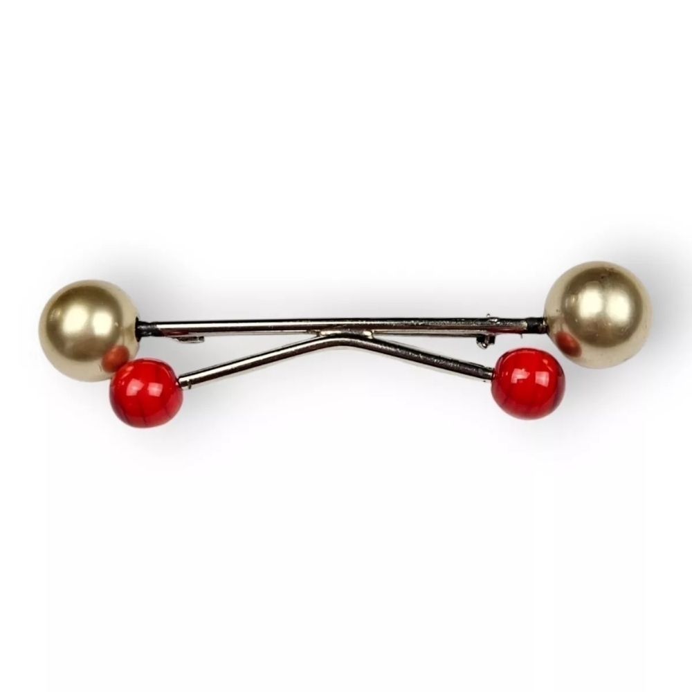 Modernist Barbell Brooch Ball Ends Red Glass Beige Faux Pearl Vintage 3 3/8"